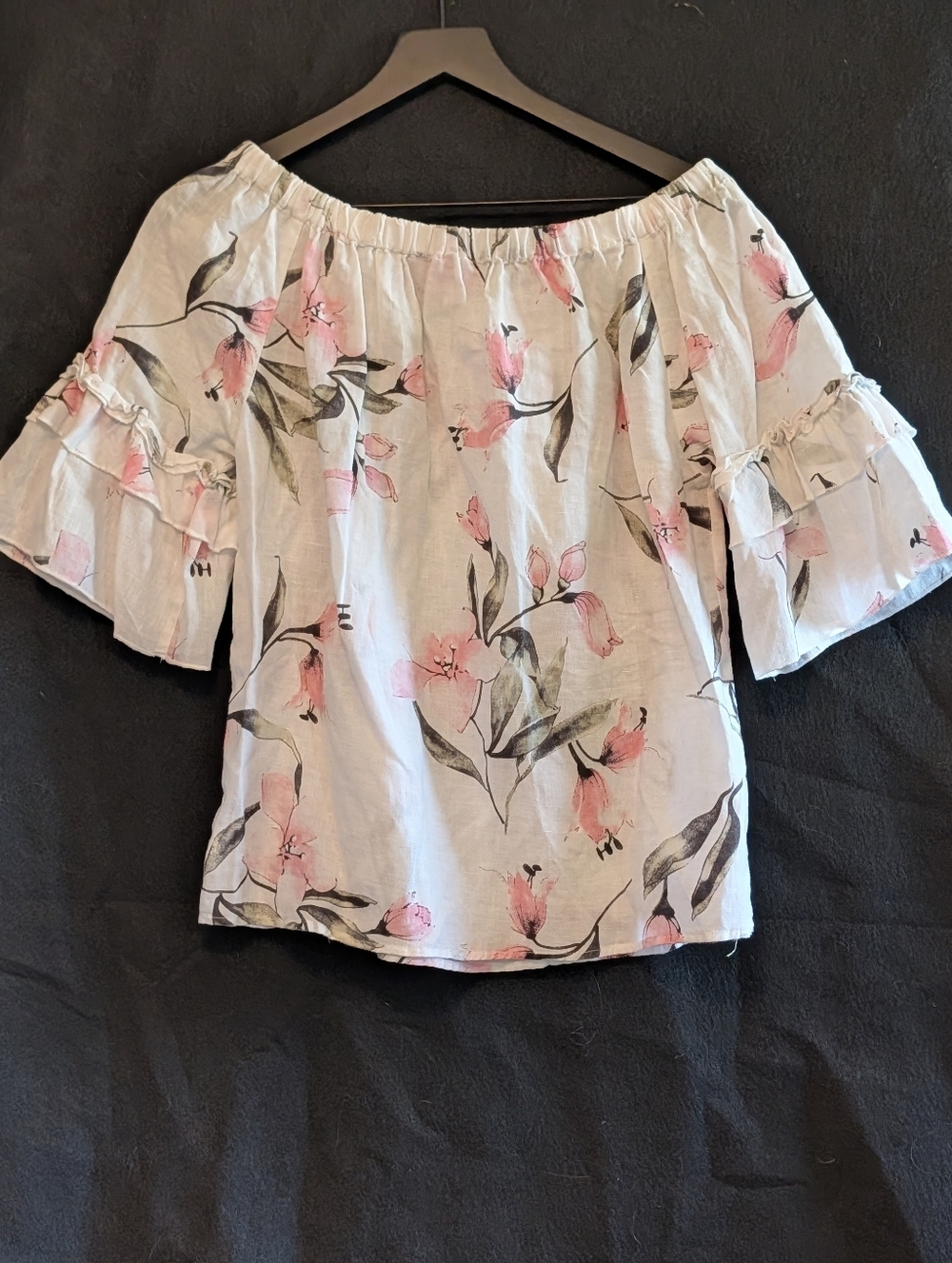 Hester & Orchid Linen Cotton Floral Off Shoulder Ruffle Sleeve Top Small Flowy - Picture 7 of 7